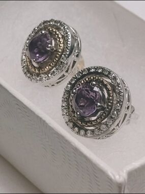 Sterling Silver & 14k Over SS Amethyst Halo Stud Earrings
